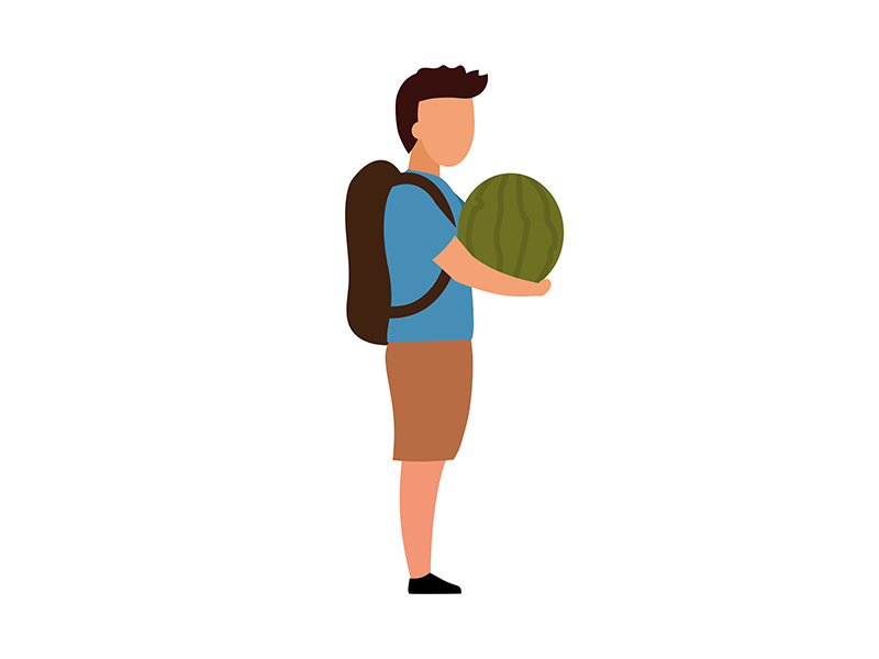 School boy with watermelon semi flat color vector character