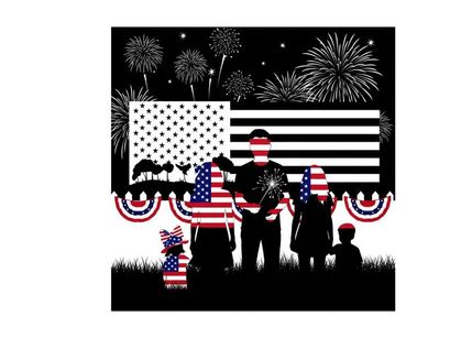 Patriotic family silhouette watching fireworks on american independence day