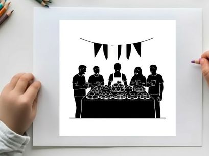 Silhouette of people at a buffet table with bunting