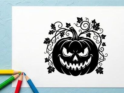 Halloween Jack-o'-lantern with sinister face and decorative vines