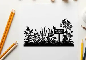 Silhouette of a pollinator garden with birds and flowers