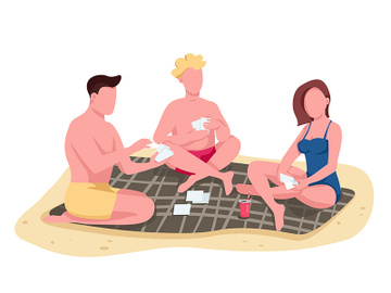 Friends playing cards on beach flat color vector faceless characters preview picture