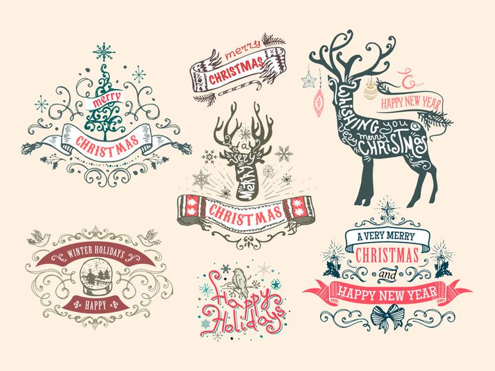 Lettering , typography inside chrismas elements and deer, ball, christmas tree, jingle, new year.