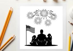 Patriotic family silhouette watching fireworks on 4th of july