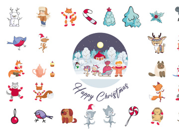 Collection cute animals, Snowman, Character, Christmas tree happy new yer illustration set preview picture