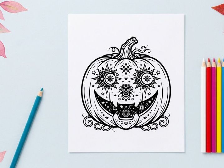 Halloween pumpkin face with spooky grin and floral ornaments. Classic jack-o-lantern illustration for festive autumn decorations and seasonal designs.