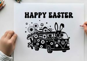 Easter bunny silhouette drives vw van with flowers peace signs