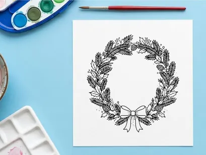 Handgezeichneter Weihnachtskranz mit Tannenzweigen und Schleife isoliert auf weißem Hintergrund