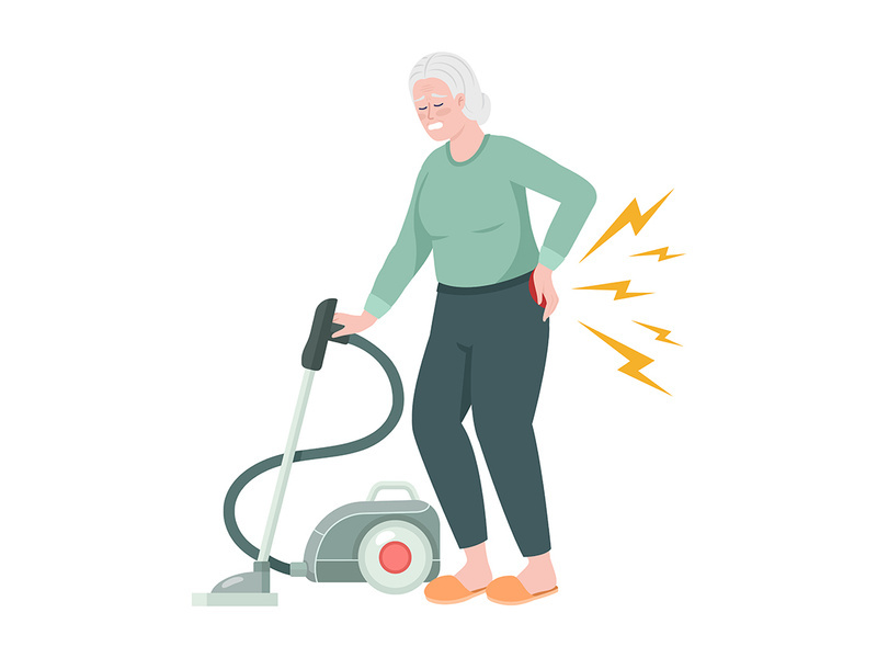 Senior woman with back pain while hoovering semi flat color vector character
