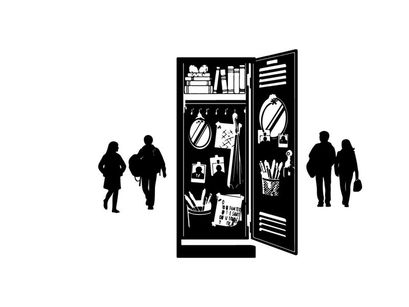 Silhouette of people walking past an open refrigerator silhouette