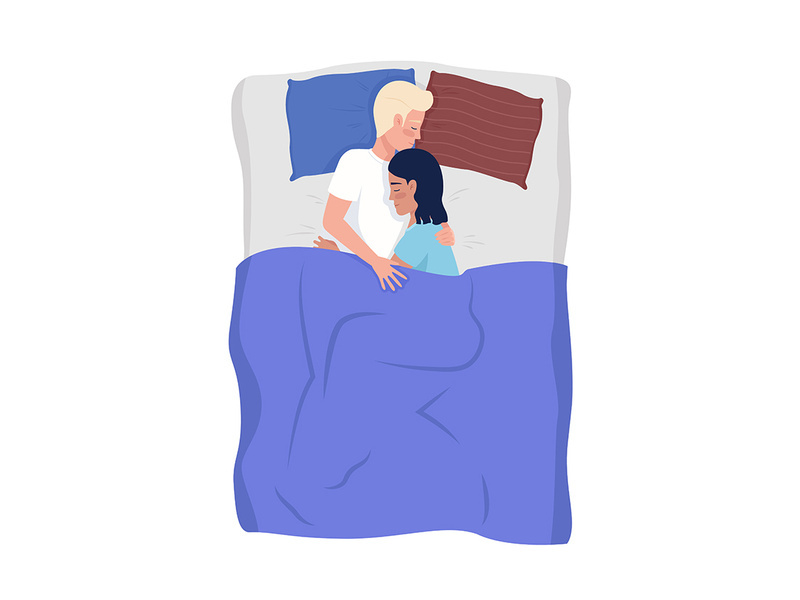 Loving couple sleeping in bed semi flat color vector characters