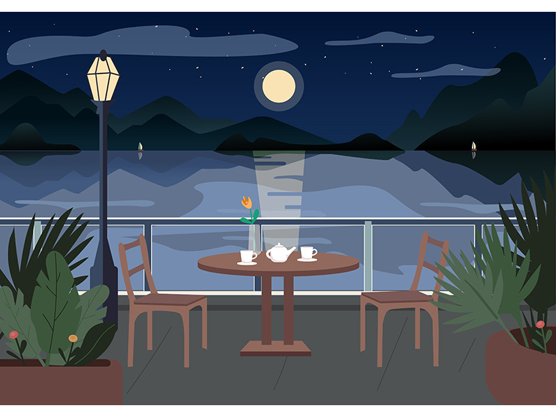 Street restaurant at night flat color vector illustration
