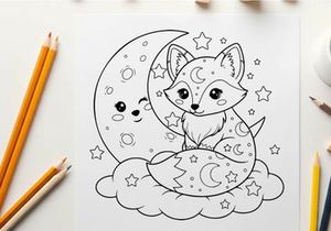 Cute fox sleeping under moon stars vector illustration