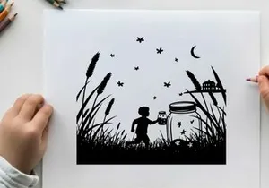 Child releasing fireflies in a serene silhouette landscape at dusk