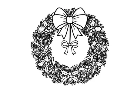 Christmas wreath line art illustration with pine cones and a decorative festive bow