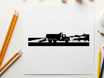 Silhouette of a truck driving on a road with mountains
