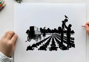 Silhouette of people harvesting pumpkins in a field with a wagon and bird