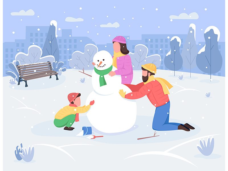 Winter family activity semi flat vector illustration