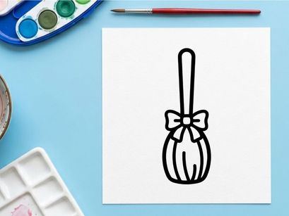 Halloween witch broom icon. Minimalist magic broomstick symbol with a decorative bow.