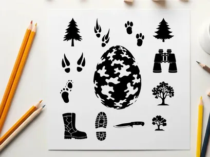 Silhouette of hunting gear and forest elements