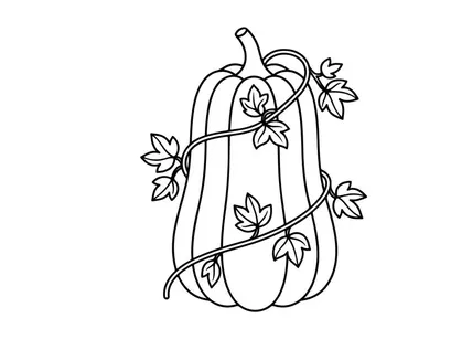 Calabaza decorativa con hojas otoñales y enredaderas. Símbolo de cosecha estacional para decoración de otoño y celebraciones festivas.