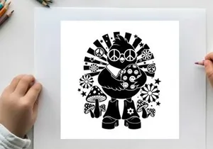 Groovy silhouette of a bird with peace signs and psychedelic patterns