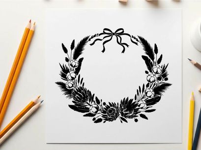 Silhouette of a floral wreath with bow on top