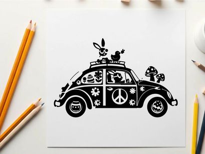Silhouette of a decorated volkswagen beetle with peace sign