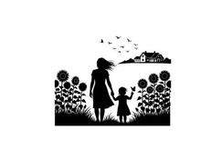 Silhouette of mother and child in dandelion field with birds and house