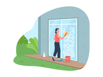 Washing exterior window 2D vector web banner, poster preview picture