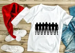 Silhouette of seven humanoid figures standing in a row with arms linked