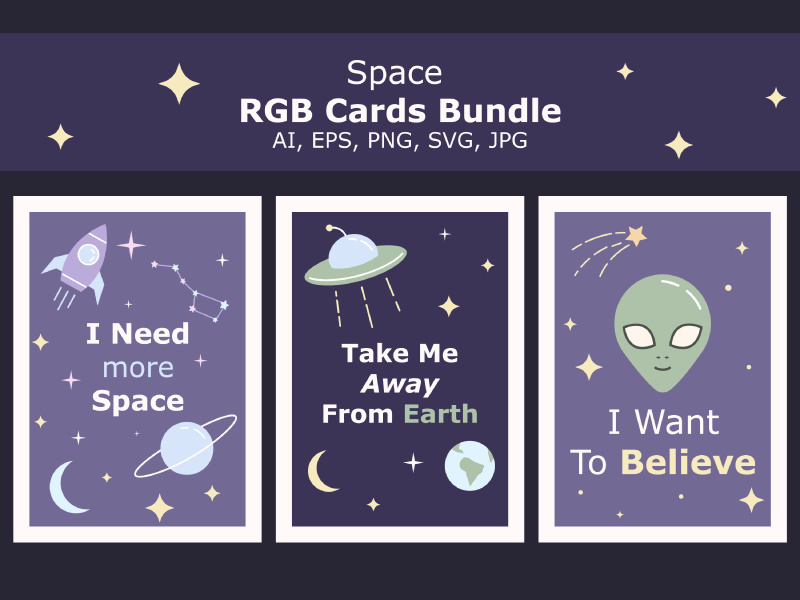 Space cartoon postcards templates pack