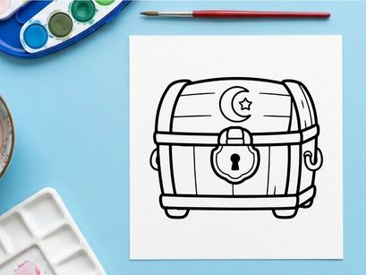 Vintage treasure chest with moon and lock illustration. Classic Halloween pirate loot box vector design for spooky themes.