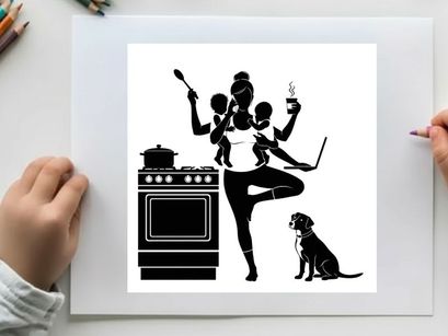 Multitasking mom silhouette juggling family life with dog