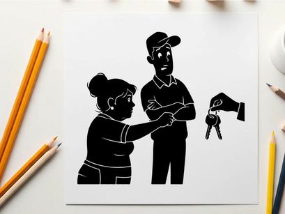 Silhouette of a woman handing keys to a concerned man