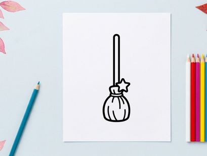  Vassoura de bruxa de Halloween com laço decorativo voando no ar. Ferramenta mágica de limpeza no estilo cartoon para artesanatos de feriados assustadores e decoração de festas.