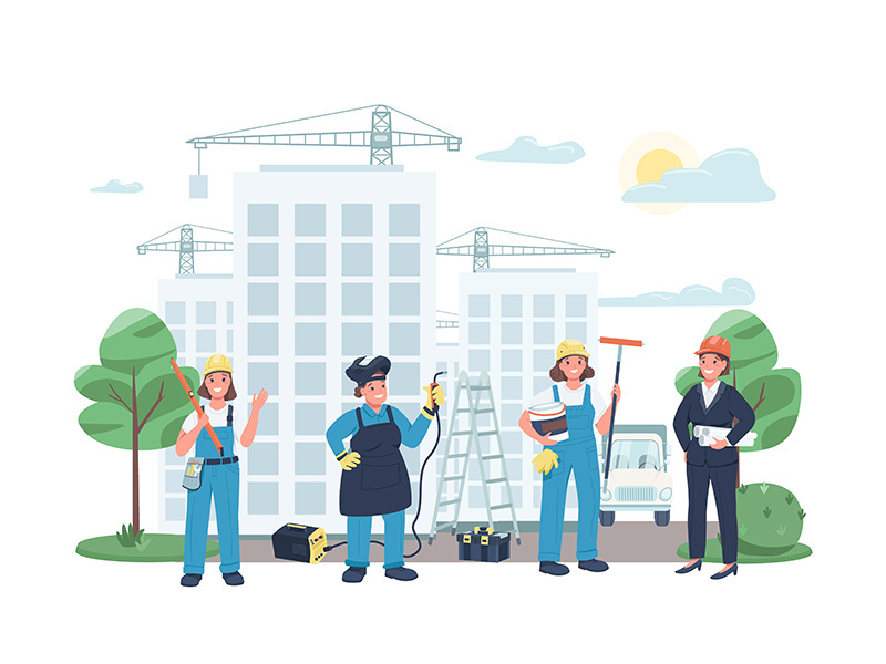 Construction site female workers flat color vector illustration