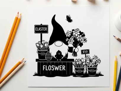 Gnome selling flowers and art supplies in silhouette