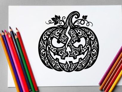 Intricate Halloween Pumpkin with Carved Face and Swirling Design
