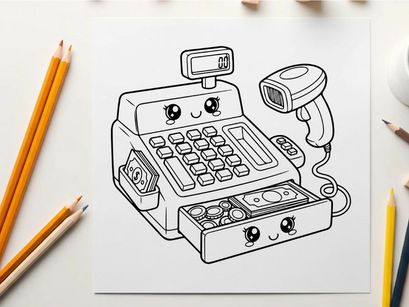 Cute cash register with scanner vector illustration