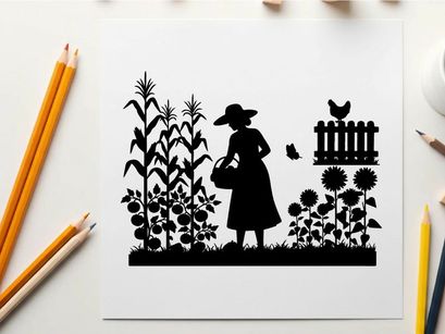 Silhouette of a woman in a garden with flowers and a chicken