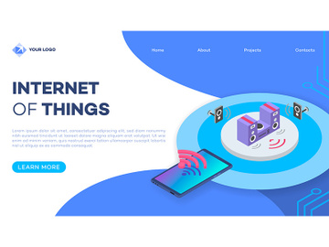 Smart home stereo system landing page vector template with isometric illustration preview picture