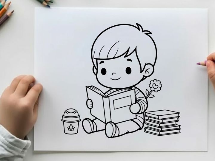 Cute boy reading book with robot vector illustration