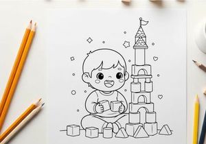 Cute baby playing with building blocks vector illustration