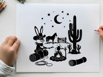 Western bunny silhouette under starry night sky with horse and cactus