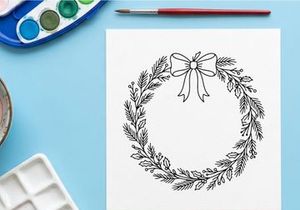 Hand-drawn Christmas wreath with pine branches and white bow for festive holiday decor