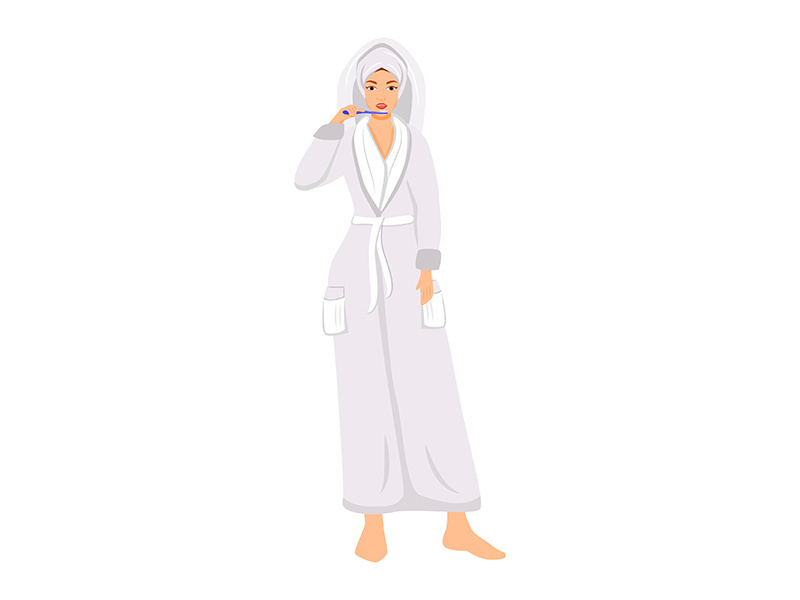 Woman in bathrobe brushing teeth flat color vector faceless character