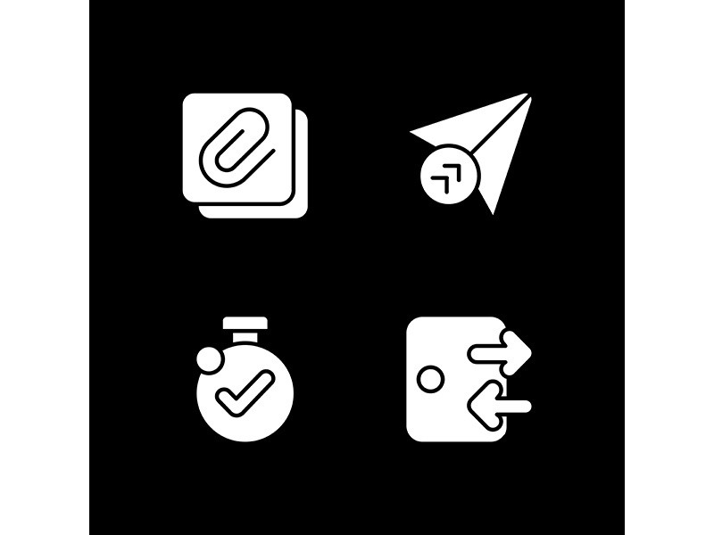 Mobile application interface white glyph icons set for dark mode