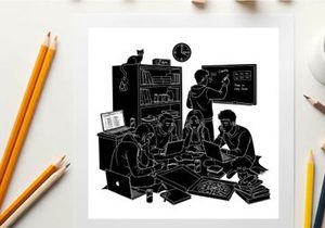 Silhouette of two people working in a cluttered room with computer and books