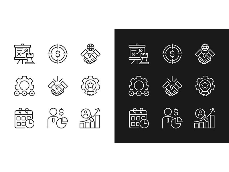 Business activities pixel perfect linear icons set for dark, light mode